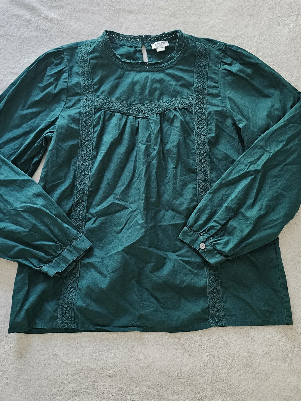 J.Crew Re-Imagined Emerald Green Crochet Lace Trim Yoke Blouse Women's Small